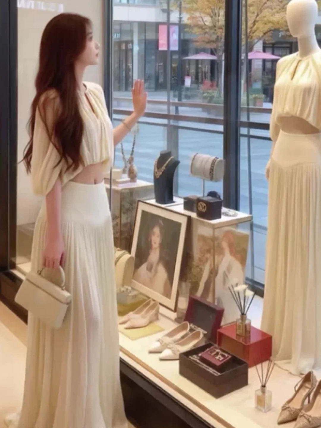 

Ele Hollow out Top And Skirt Set Gentle Sle Spring Collection Comfortable Fit mid Sve round Ne T-irt Sle Outfit