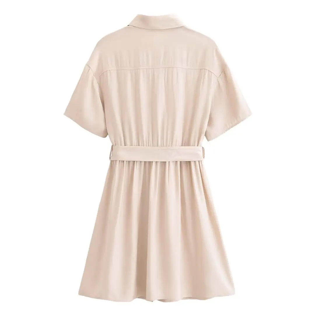 KONDALA ヴィンテージソリッドサッシュミニ女性ドレスカジュアル半袖女性シャツドレスファッション 2025 夏ベージュ Mujer Vestidos