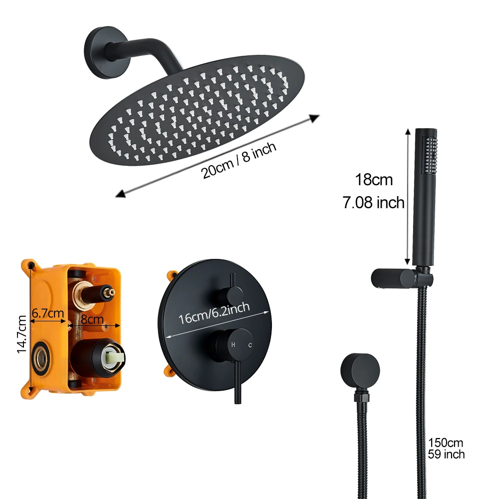 

Rainfall Shower Tap Mixers 8" Stainless Steel Shower Head Brass Embedded Mixers Brushed Gold Concealed Shower Faucet