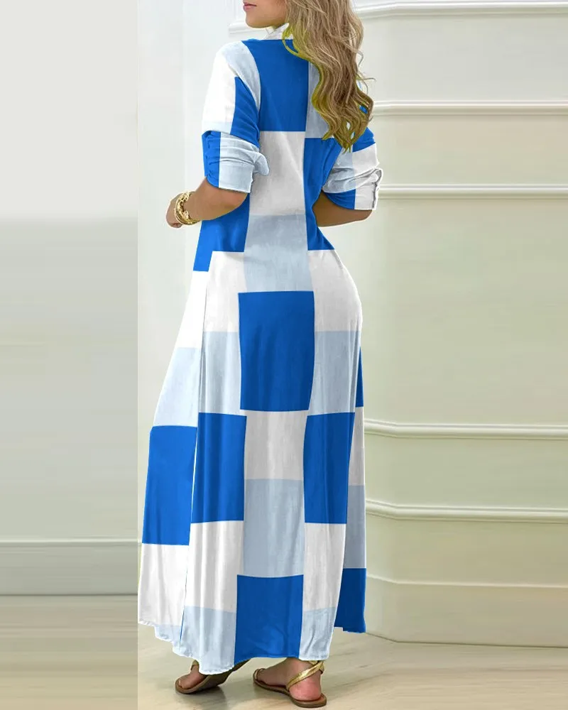 2024 Abito estivo a maniche lunghe con scollo a V e bottoni per le donne Abiti maxi con spacco alto monopetto con stampa a righe casual