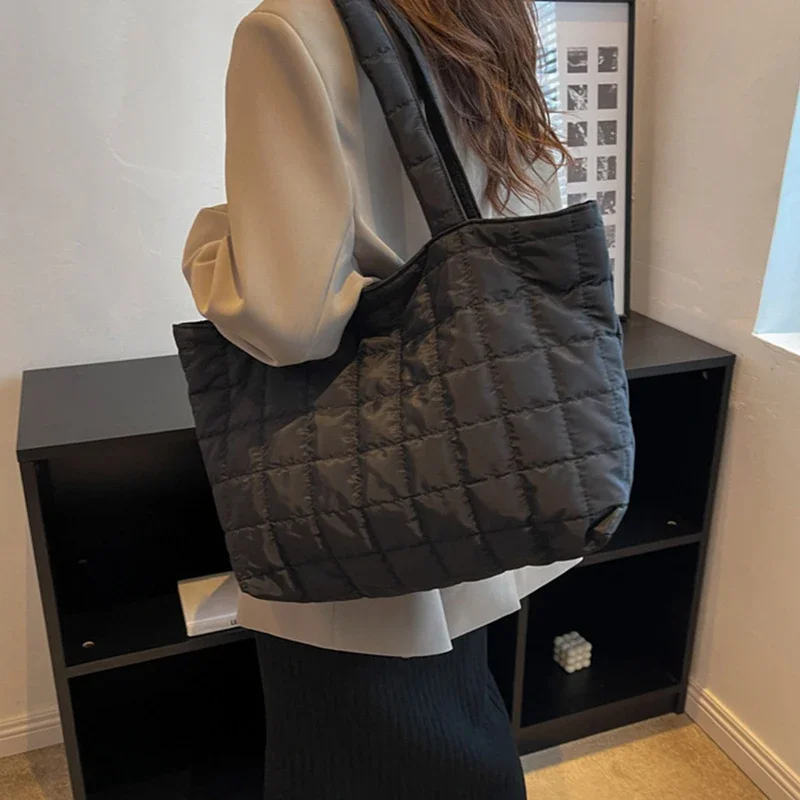 Quilted Puffer Tote Bag for Women Solid Color Soft Underarm Large Capacity Shoulder Bag Trendy Handbag for Daily Office Travel