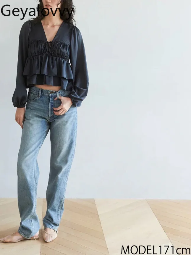 اليابانية 2025 صيف جديد رقيقة مريحة الخامس الرقبة قميص الفتيات الحلو تنوعا بلوزة بلون مطوي كشكش حافة الدانتيل متابعة #5