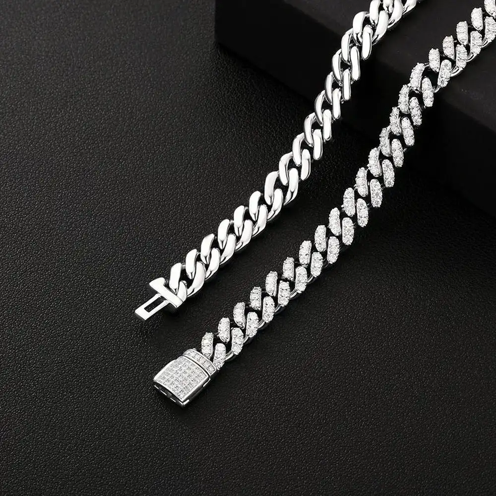 Silver .925 Sterling Women's Vintage Round Brilliant Cut Moissanite Cuban Link Chain Necklace