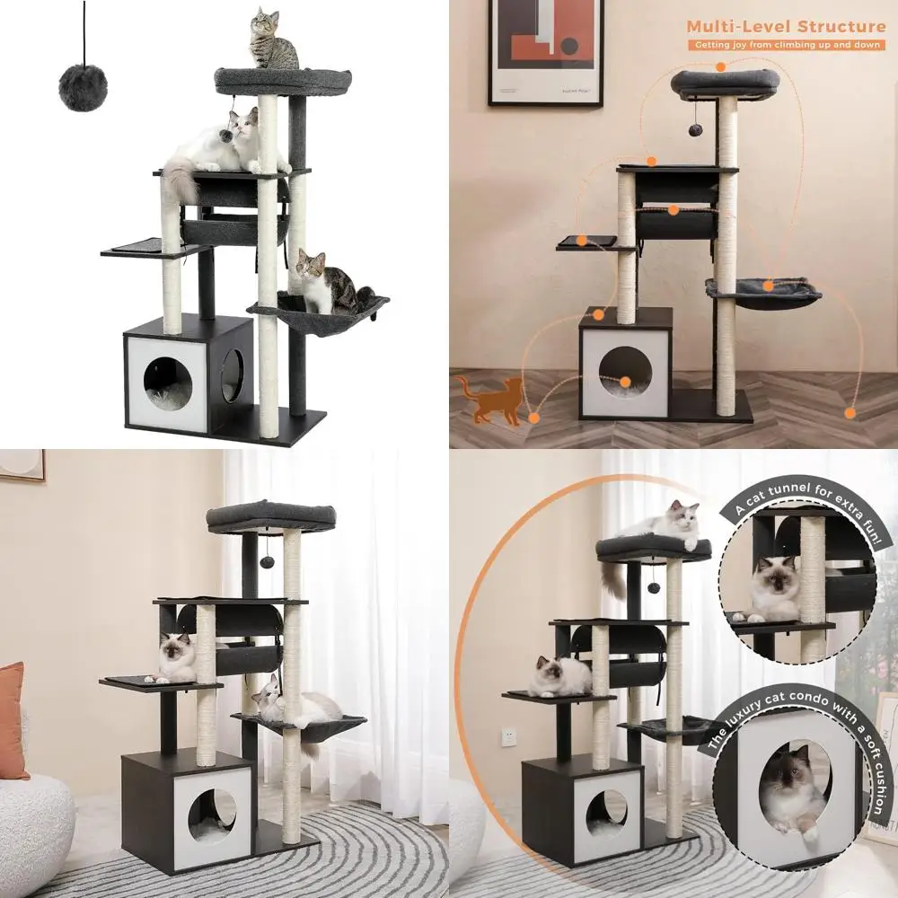 

Современная кошачья башня премиум-класса 51,4 с 6 уровнями, когтеточками из сизаля, уютным кондоминированием и спа для кошек