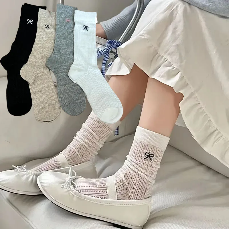 1-5Pairs Hollow Mesh Lace Bowknot Slouch Socks Breathable See Through Thin Mid Calf Korean Sweet Style for Jk Lolita Daily