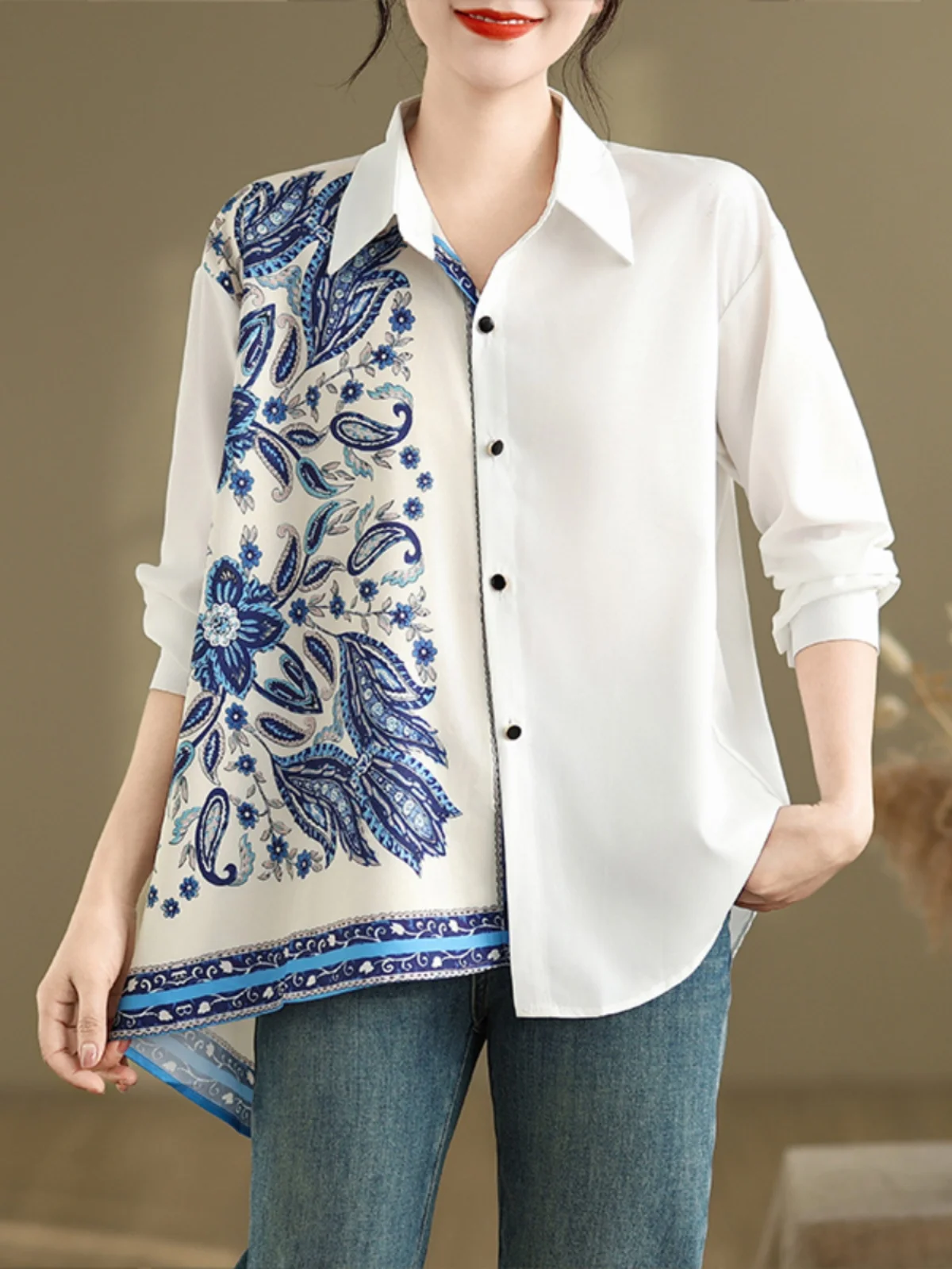 

Spring 2025 plus Size Women's Vintage Print Asymmetrical Hem Long Sve Versatile irt Fem Top Loose Fit Embroidered