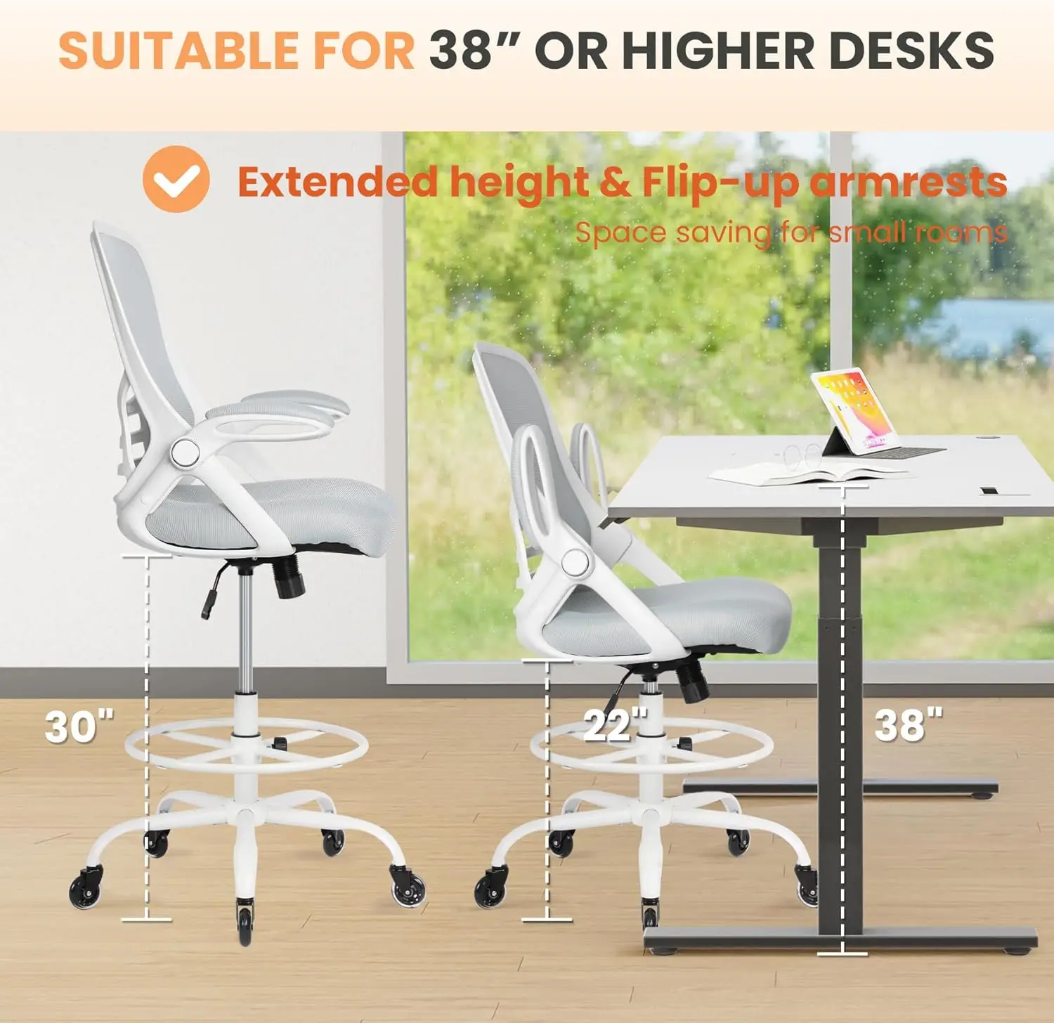

Adjustable Drafting Chair Tall Office Ergonomic Stool for Standing Desk White Big Tall Chair