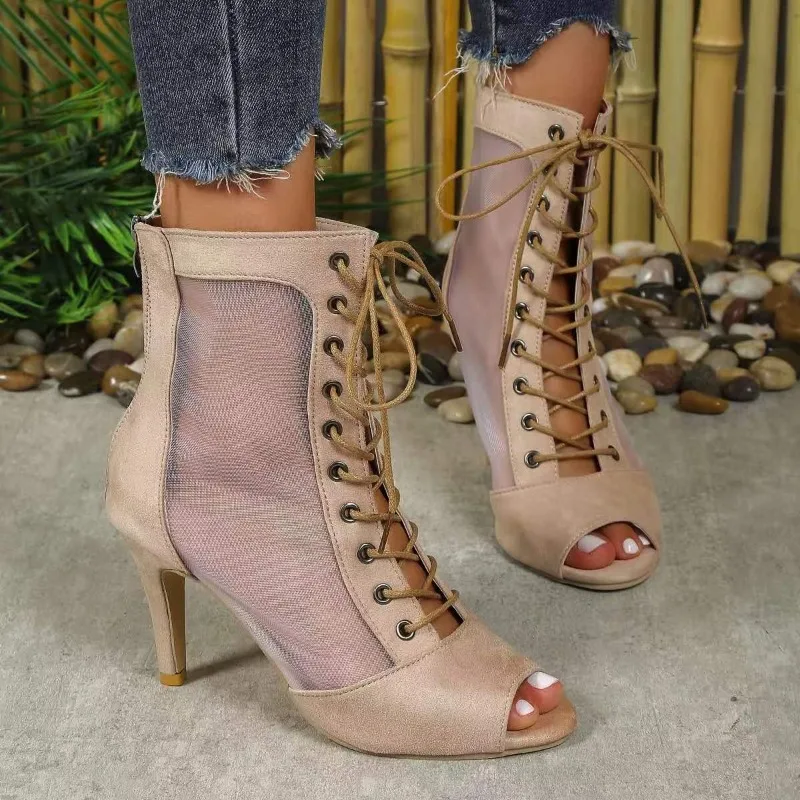 

2025 New Women's Latin Dance Shoes Girls Soft Sole Back Zipper Open Toe Fish Mouth Women's Strappy Breathable High Heels