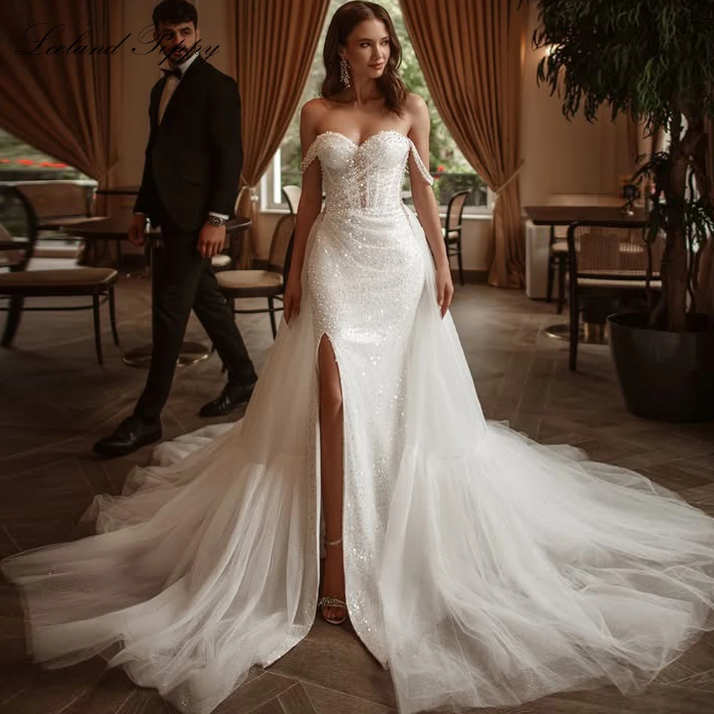 

Lceland Poppy Customized Mermaid Lace Wedding Dresses Floor Length Beaded Lace High Slit Bridal Gowns with Detachable Train