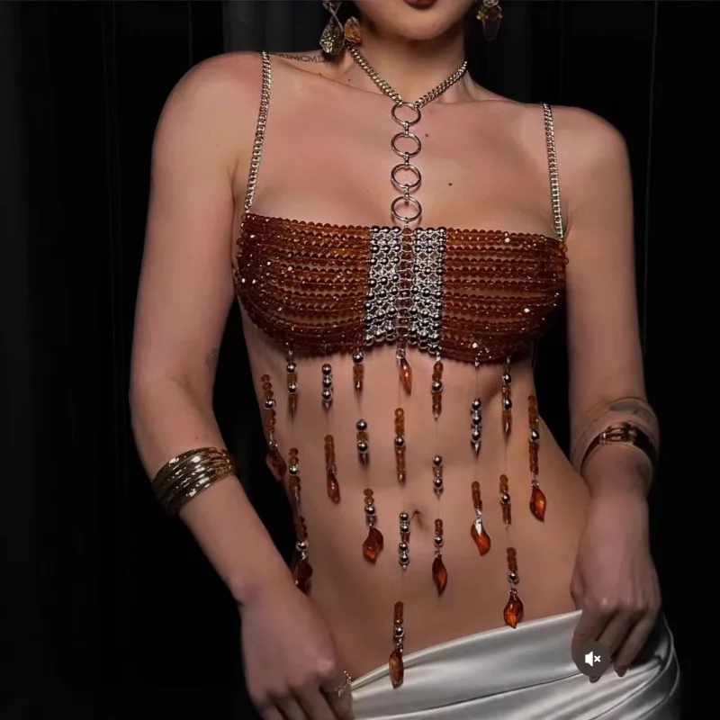 

Многослойная бисерная цепочка на грудь для женщин, сексуальный топ-бюстье с бахромой, без спинки, с жемчугом, для ночного клуба, вечеринки, укороченный топ