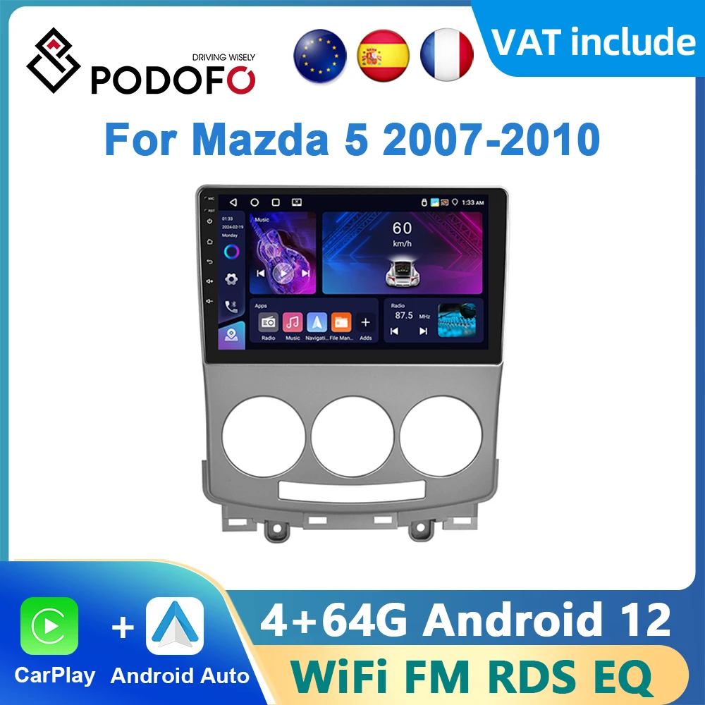 Podofo Android Carplay Car Radio For Mazda 5 2007-2010 Android Auto Multimedia Player GPS Navigation RDS Radio