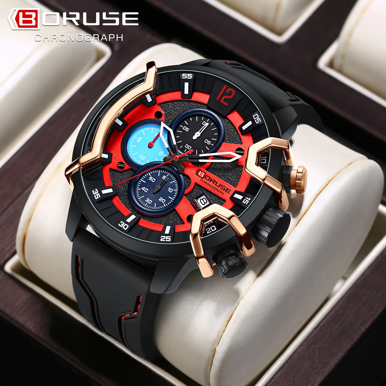 BORUSE Red Watch for Men Fashion Luxury Chronograph Quartz Wristwatch with Silicone Band Date Waterproof Watch