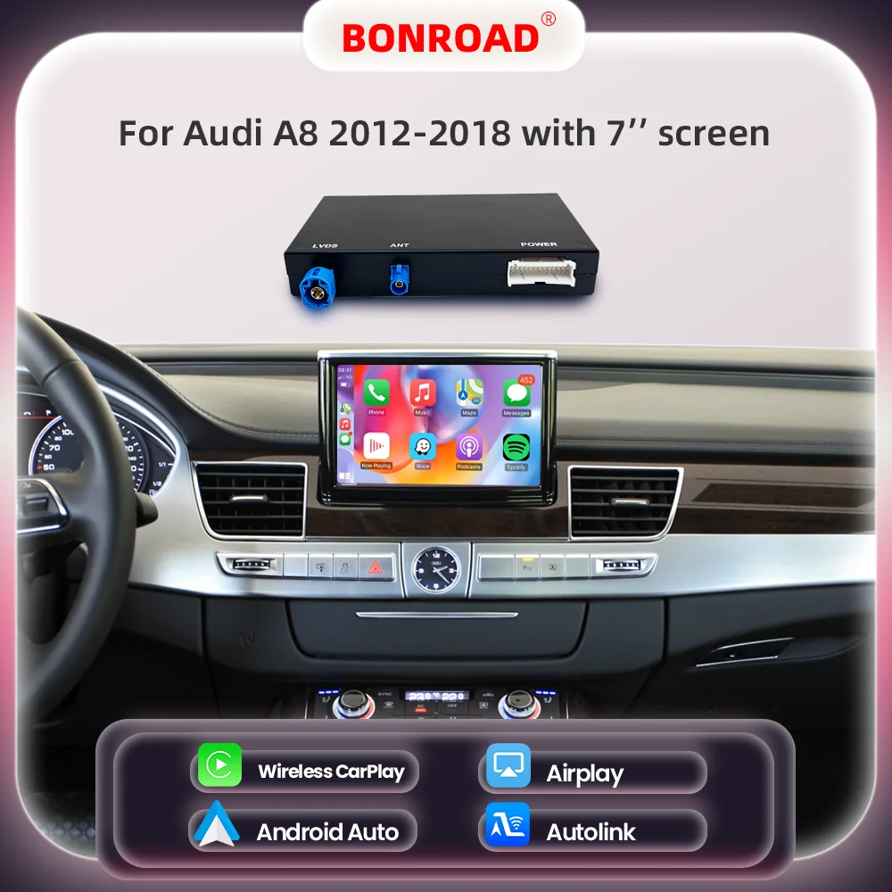 BONROAD Drahtlose CarPlay Android Auto Interface Adapter Box Für Audi A8 2012-2018 Spiegel Link Bluetooth GPS Navigation Modul