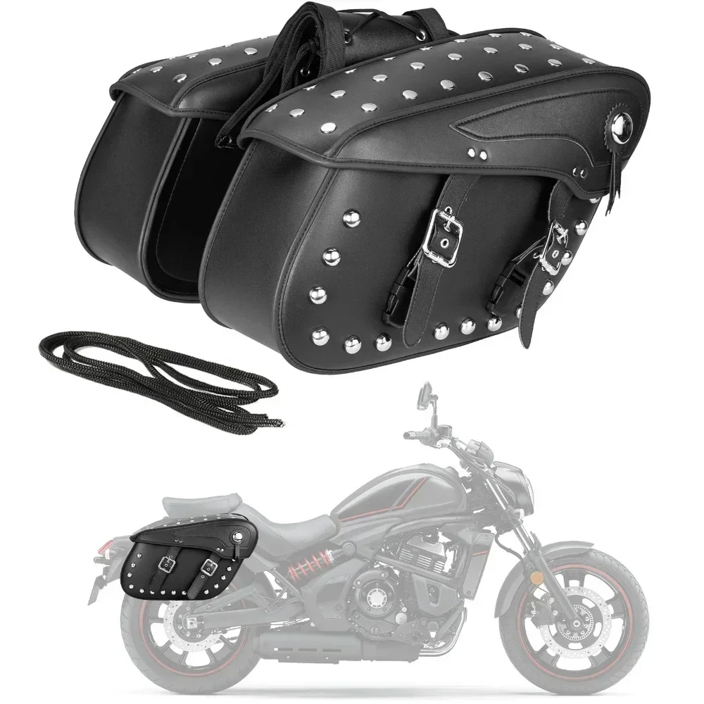 50L Motorcycle Saddlebags Rivets Style Tool Bags PU Leather Large Capacity Waterproof For Harley Ducati Cruiser Bobber Chopper