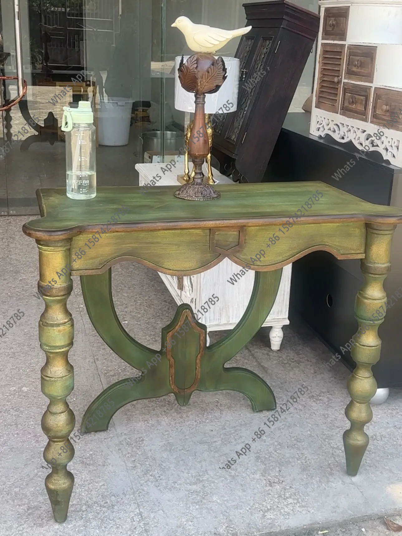 American French retro green engraved porch desk dressing table European antique furniture
