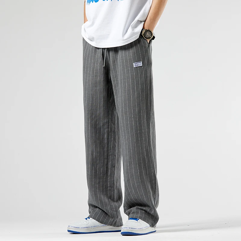 

Мужские летние тонкие хлопковые льняные брюки прямого кроя, свободные длинные брюки в американском ретро-стиле с полосками, повседневные брюки свободного кроя