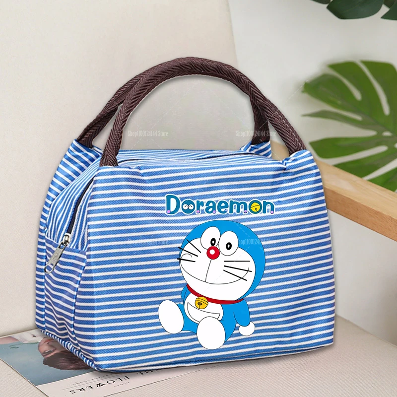 Cute Doraemons Women Men Multi-Color Portable Square Lunch Bag Washable Striped , Reusable Leak Poof Insulation Tote Bento Bag view 3