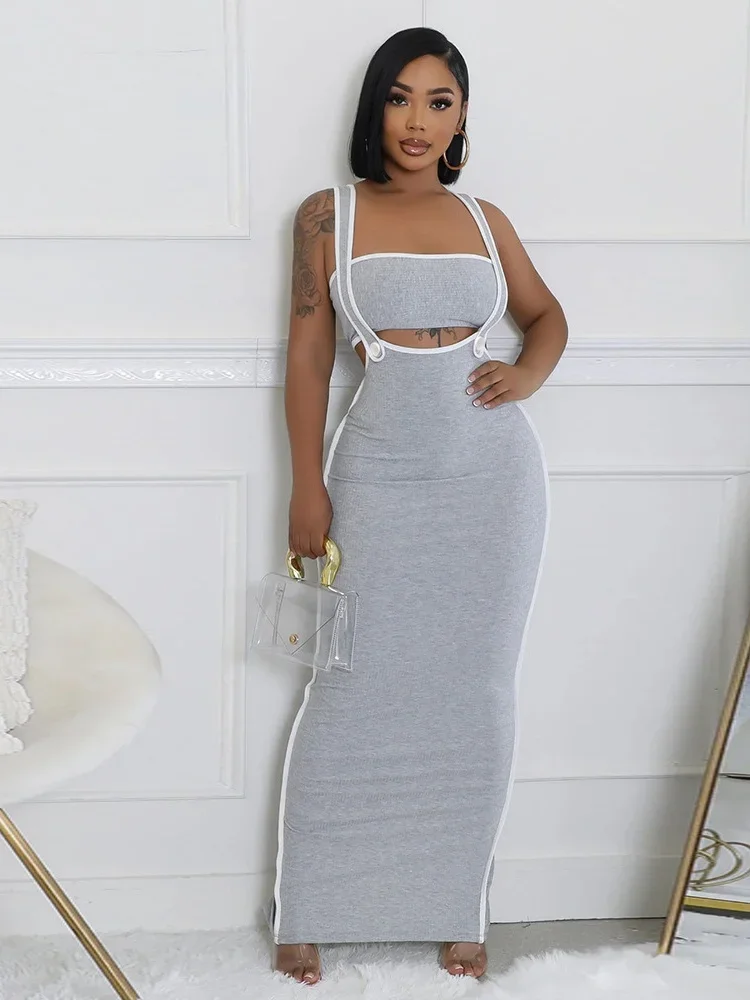 

Women's Fashion Sexy Hottie Suspenders Package Hip Long Dress Breastplate Solid Color Two Piece Set