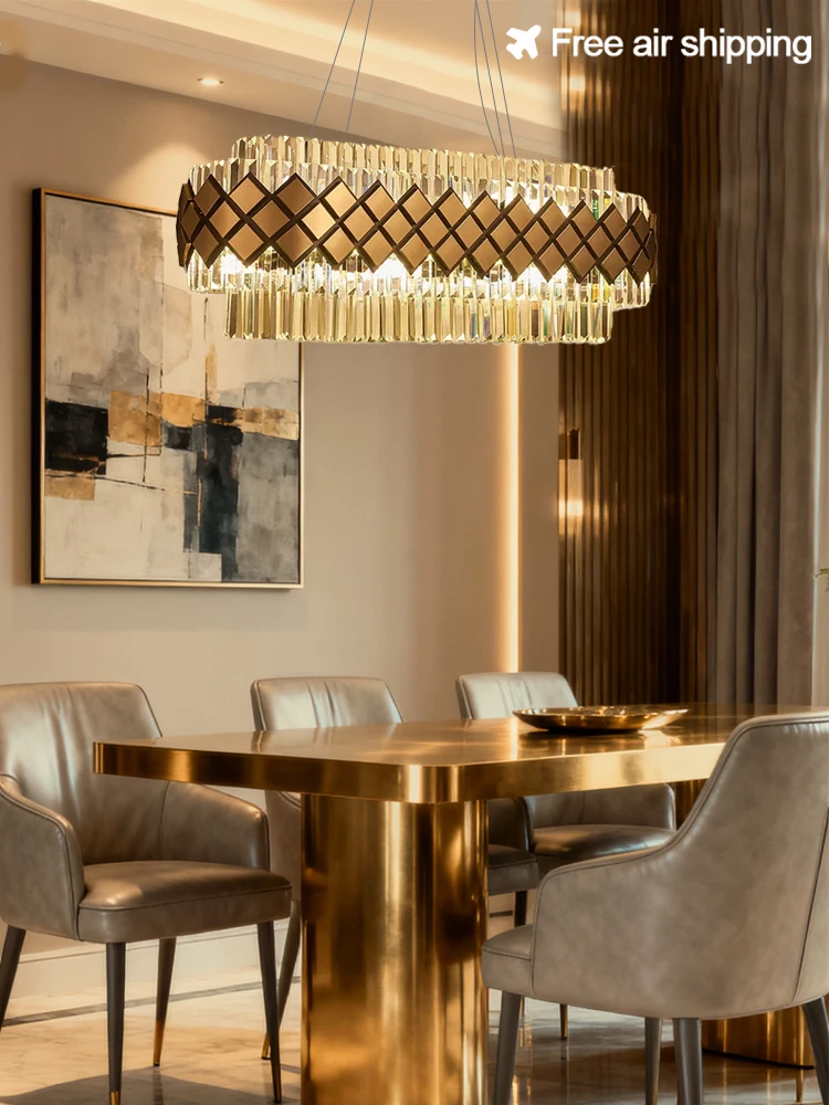 

Modern Crystal Gold Rectangle Chandelier with Dimmable LED Lighting for Dining Room Bedroom and Living Room Light Fixtures