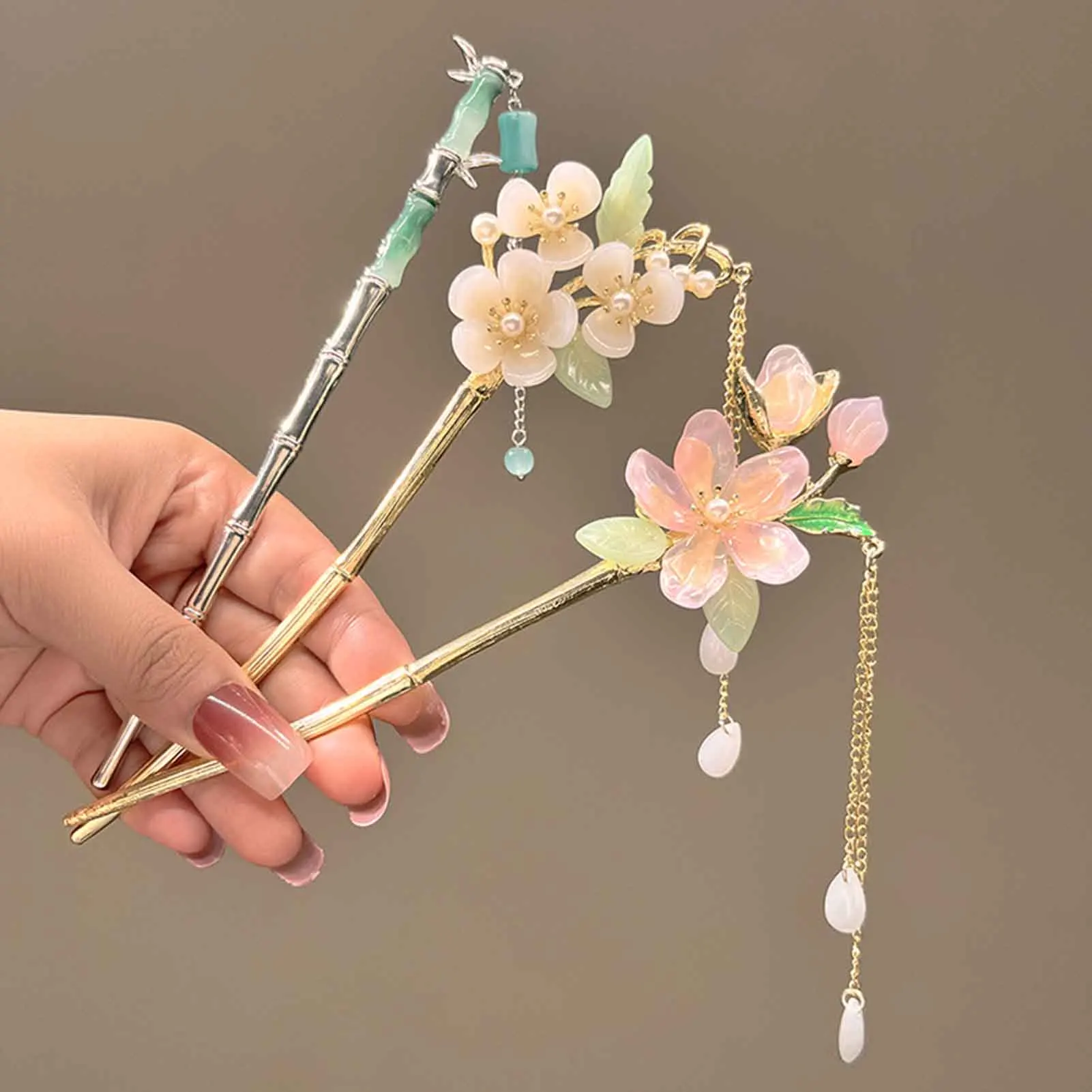 Flower Hair Sticks Headwear with Tassel Fine Workmanship Long Straight Hair Stick for Hair DIY Accessory Hair Styling