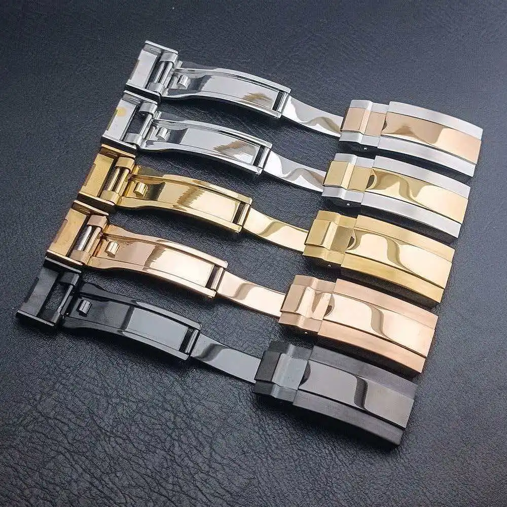 مشبك ساعة عالي الجودة 16 مم من الفولاذ المقاوم للصدأ المصقول بزر سحب مزدوج 9 مم ملحقات حزام ساعة قابل للتعديل