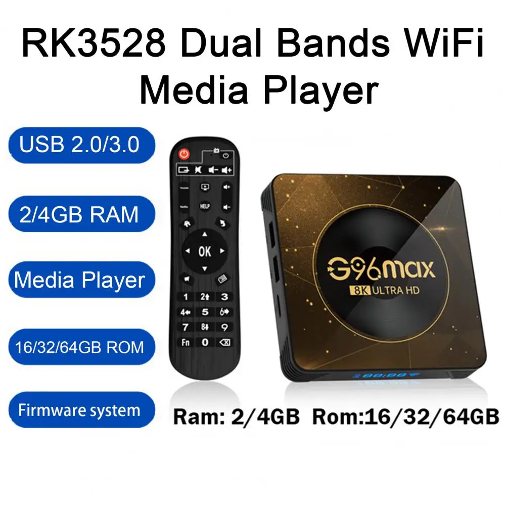 

G96max RK3528 Smart TV Box Поддержка 8K 2.4G/5G Wi-Fi6 Телеприставка RK3528 Двухдиапазонный Wi-Fi Медиаплеер + Пульт дистанционного управления USB 2.0/3.0