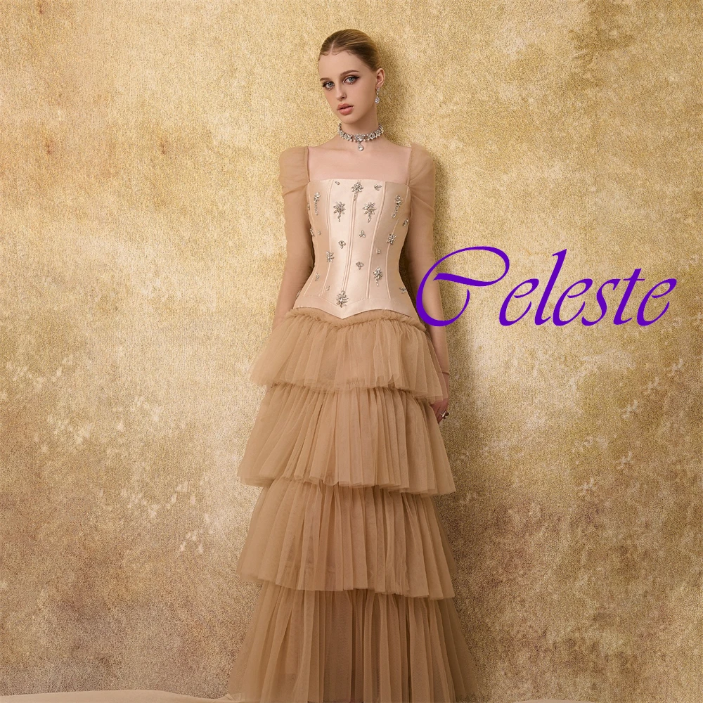 Maßgeschneidertes Abendkleid mit quadratischem Kragen und kurzen Ärmeln, elegantes, gestuftes A-Linien-Ballkleid, hochwertiges Kristall-Partykleid – Detail 7