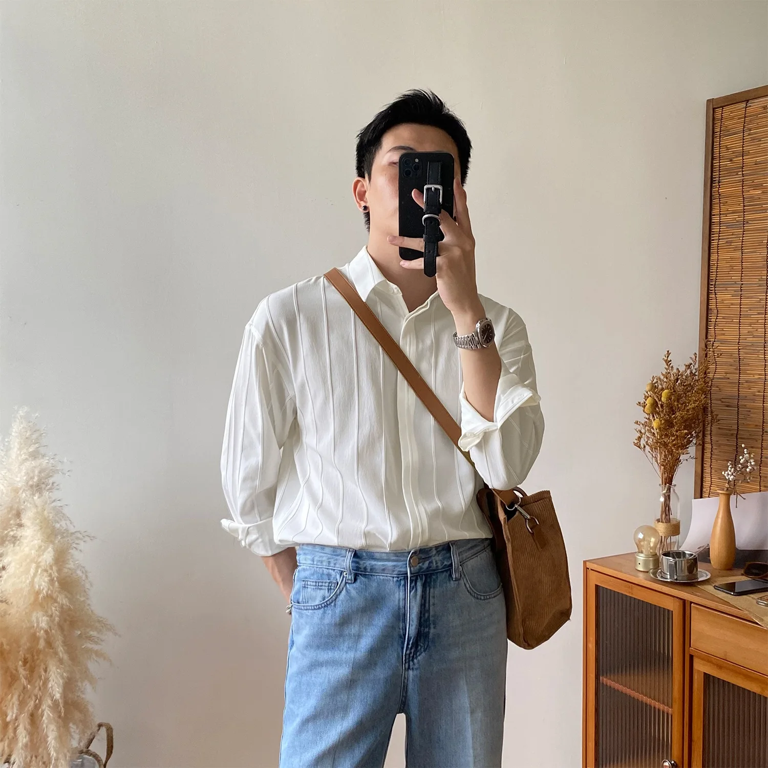 

Loose Casual Long Sleeve Men's Shirt Spring Pure Color Texture Drapey Korean Style Trendy Iron Free Checkered Patterned