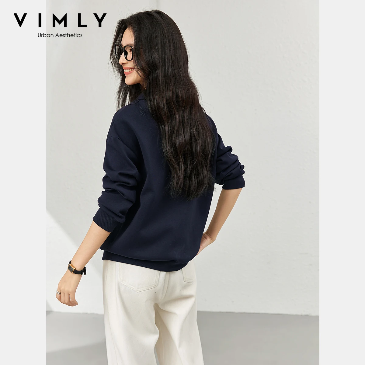 VIMLY Navy Blue Women's Sweatshirts 2025 Autumn Embroider Letter V-neck Turn-down Long Sleeve Thin Knitted Woman Pullovers A2057