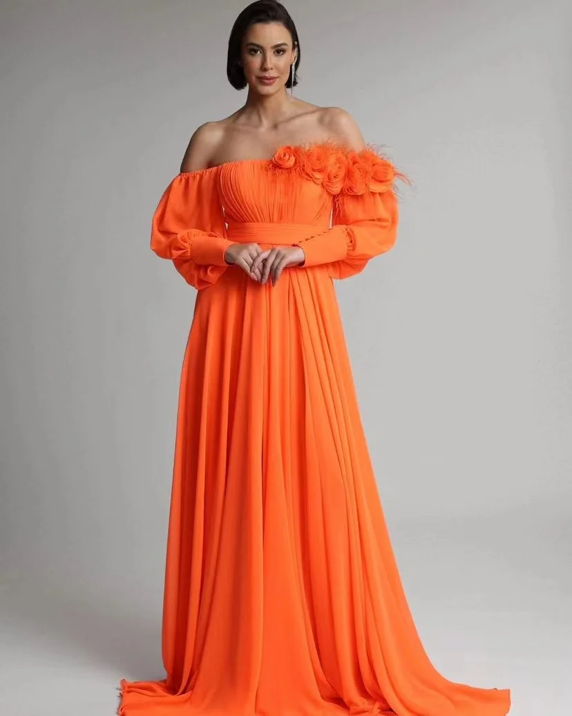 

Fashionvane Customize Flowers Bateau Neck Prom Dress Long Sleeves Zipper Back Birthday Party Dress Evening Formal Occasion Gowns