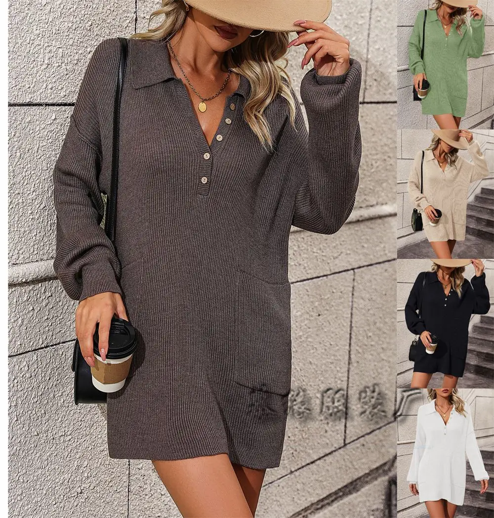 

Medium length outerwear sweater for women's autumn and winter 2023 new women's solid color lapel button knit sweater