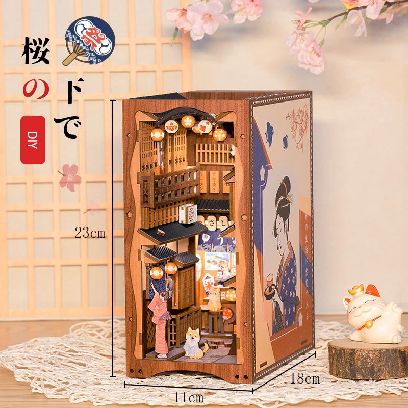 ​Cutebee DIY Book Nook Sakura Miniature Dollhouse Bookshelf Insert Japanese Wooden Bookend 3D Lighting Building for Kid Gifts