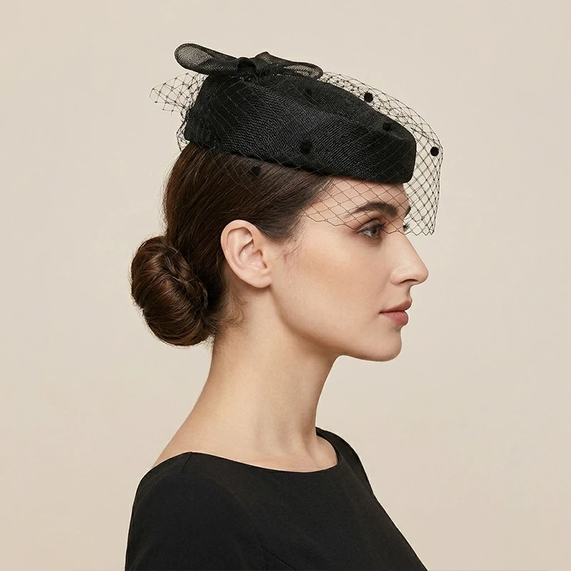 Sinamay Mesh Fascinator Pillbox Hat with Veil Bow Elegant Formal Hair Accessory for Wedding Guest Church Cocktail Party Beret