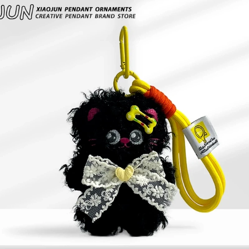 Black Curly Kitten Plush Doll Pendant Bee Shoulder Bag Bow Hand Rope Bag Keychain Dopamine Pendant Pendant Cute Festival Gifts
