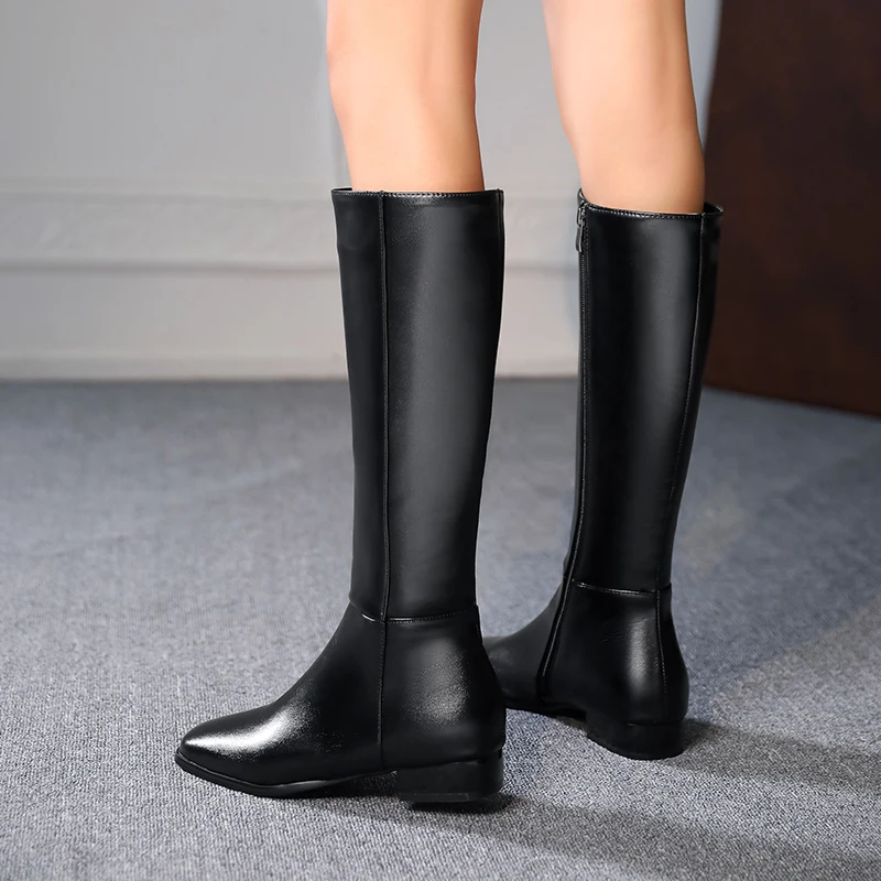 Winter PU Leather Women Knee High Boots Motorcycle Square Toe Zip Footwear Low Heels Female Riding Ladies Long Boats 2024 New