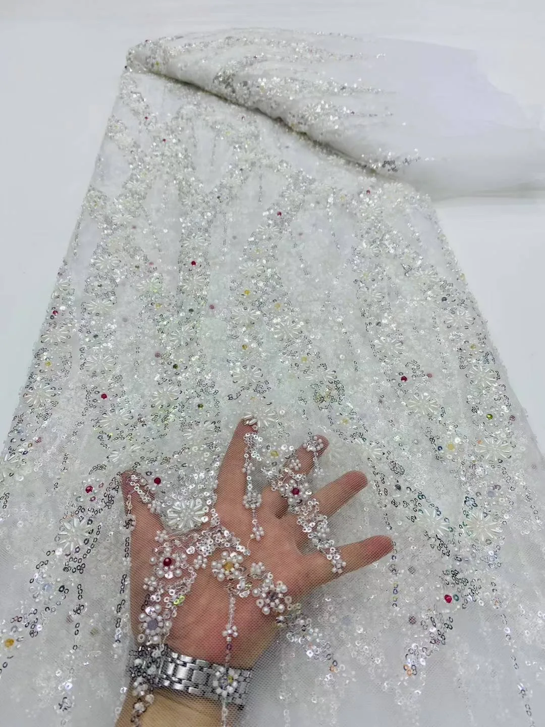 

2025 African Nigerian High-Quality Sequins Embroidery Tulle Lace Fabric Sewing Beads Stone for Prom Dresses DP0423 5 Yards