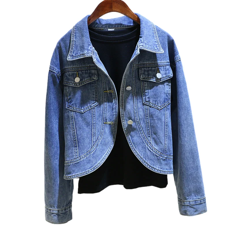 

Vintage Blue Denim Jacket Coat Women Spring Korean Slim Short Student Cowboy Outerwear Harajuku Big Pocket Jeans Jacket Female