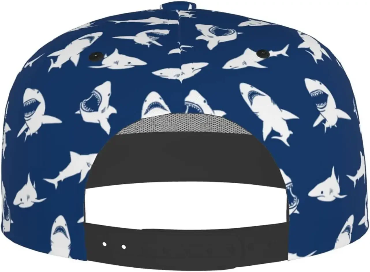 Cute Shark Fierce Blue Pattern Flat Bill Hat, unisex Snapback Baseball Cap Hip Hop Style Flat Visor Blank Adjustable
