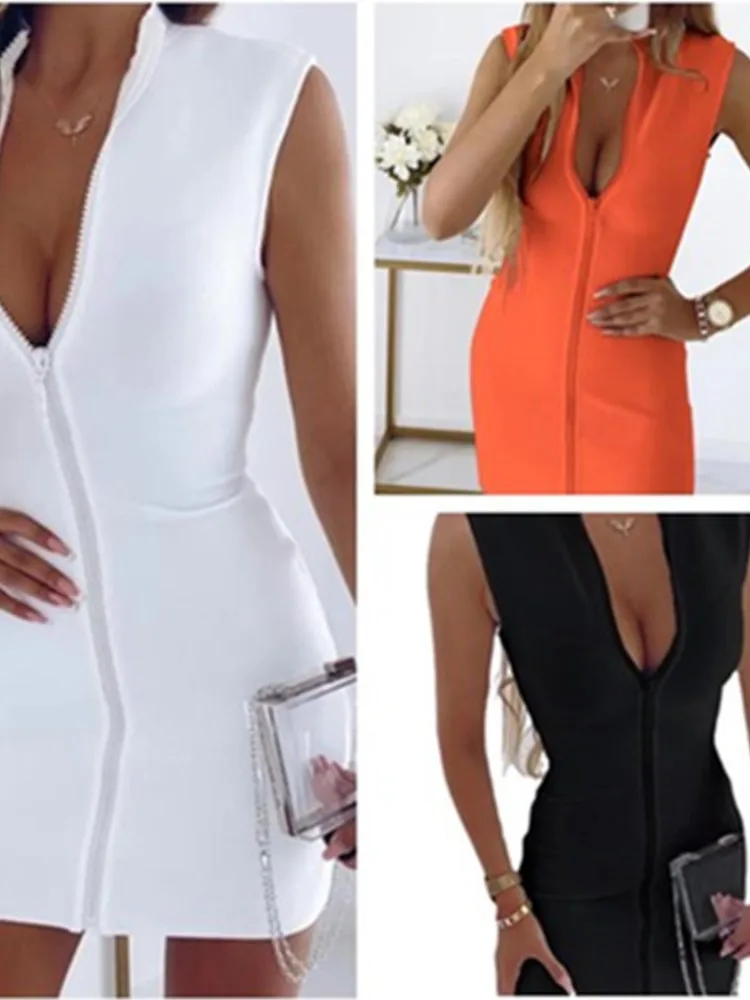 Women's Summer New Solid Color High Neck Sexy Sleeveless Tight Bag Hip Skirt Fashion Zipper Short Dress