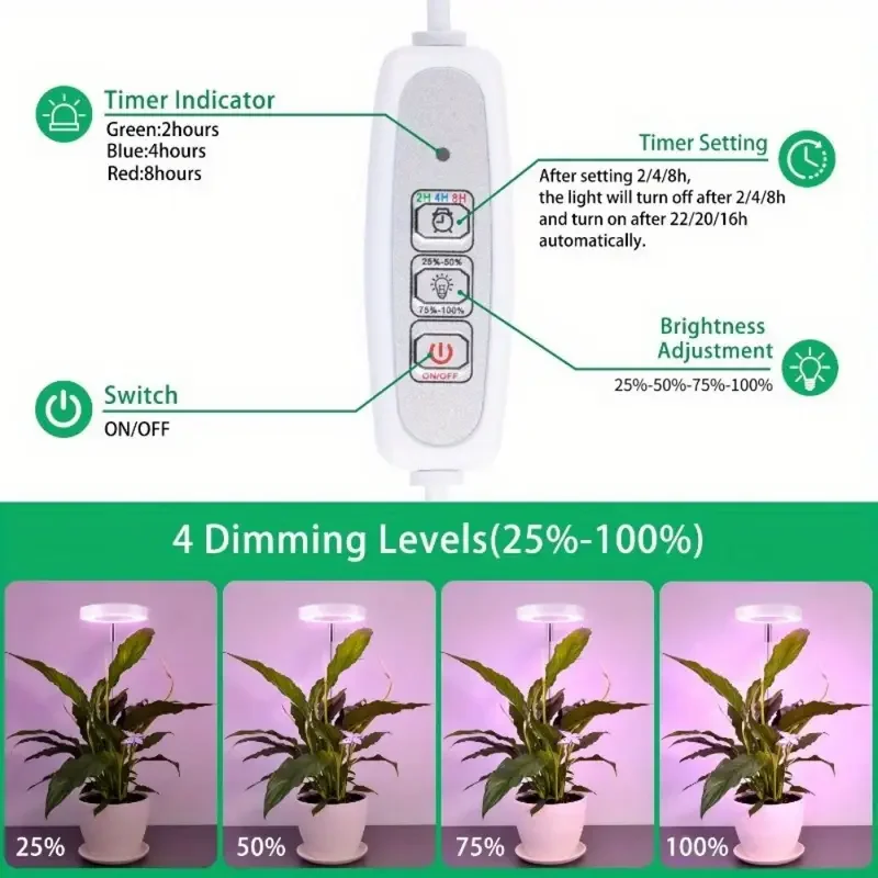 Adjustable LED Grow Light 2/4/8H On/Off Timer Full Spectrum Desk Lamp for Indoor Plants Height Adjustable Garden Decor