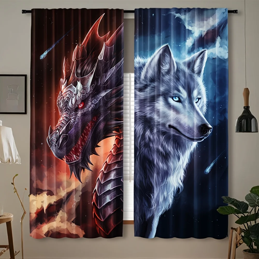 Myth Animal Curtain Panels, Ferocious Dragon Noble White Wolf Cosmic Cloud Meteor Mysterious Print Drapes Apartment Home Decor