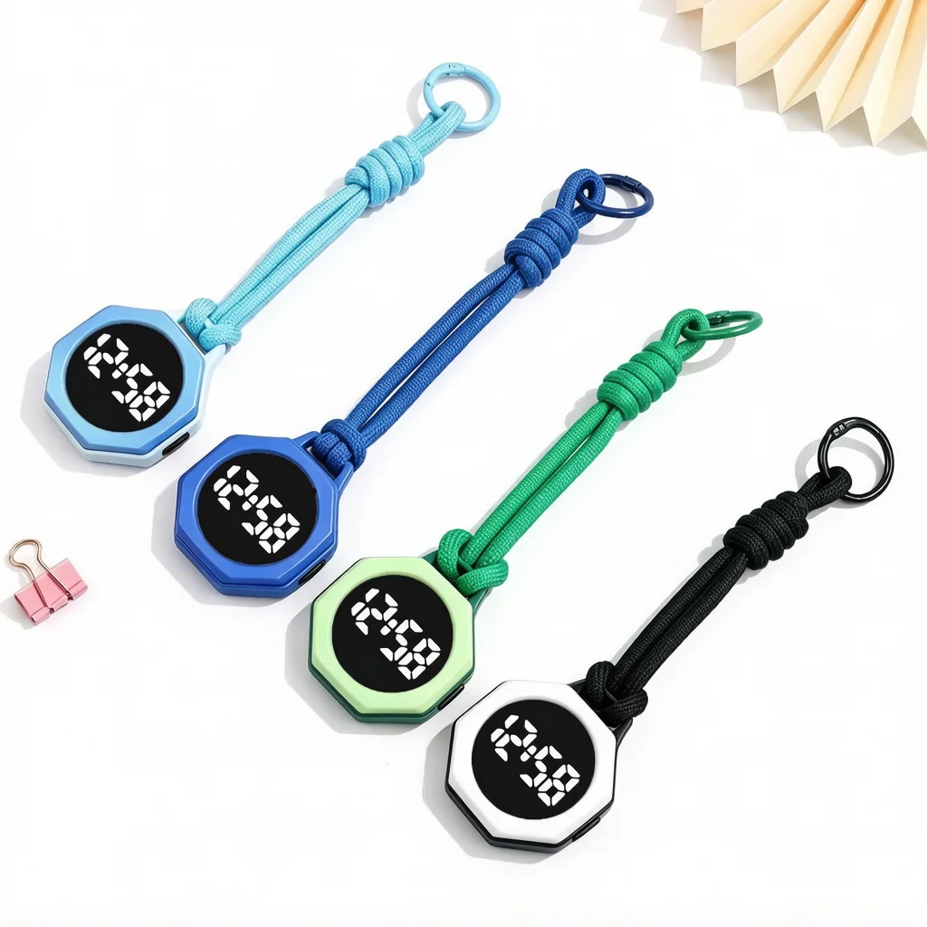 Colorful Keychain Design Touch Screen Octagon LED Pendant Watch Student Bag Hanging Clock Portable Cute Timepiece for Kids Gift