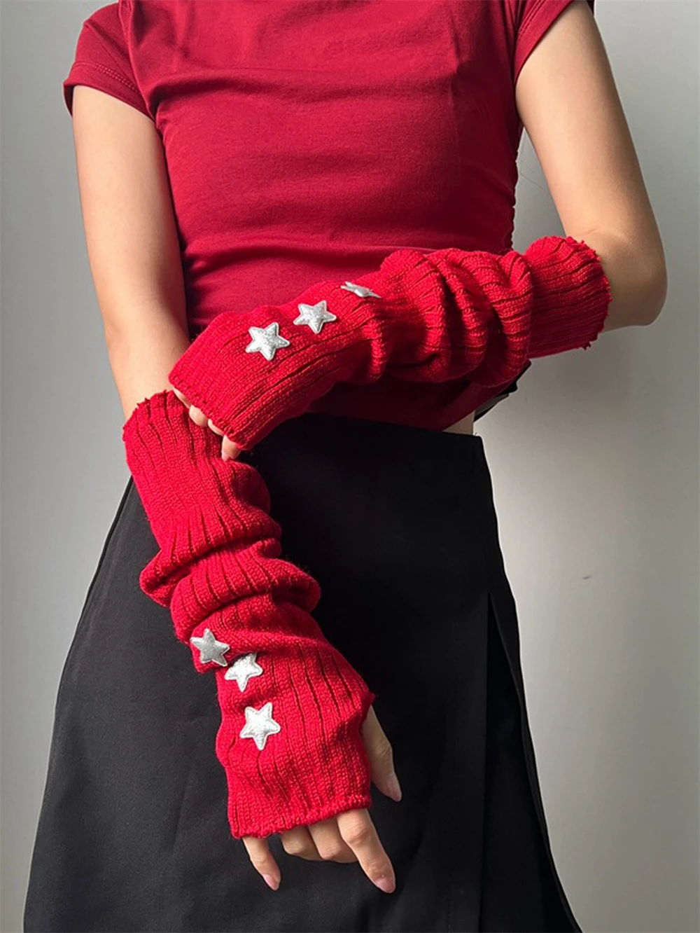 New Year Red Fingerless Gloves Japanese Y2k Gothic  Woolen Knitted Christmas Stars Arm Sleeves Cuffs Women's Half-finger Gloves