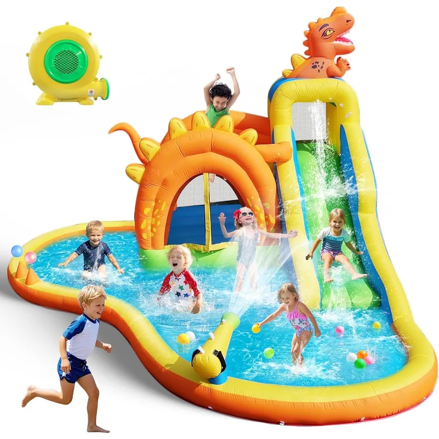 Parco gonfiabile per diapositive d'acqua con dinosauro Casa di rimbalzo 7 in 1 con zona di salto per diapositive Parete da arrampicata su piscina e canestro da basket 480