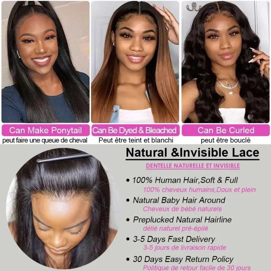 Nowa Peruka Bezklejowa Prosta 13x4 13x6 Hd Transparent Lace Front Wigs Brazilian Remy Hair Pre-Cut 5x5 Lace Closure Wig Pre Plucked