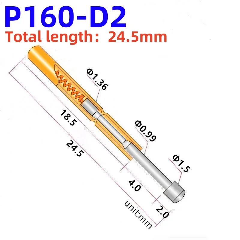 100PCS Spring Test Probe P160-D2 Spring Test Pin P160-D Nickel-Plated Round Head Dia 1.5mm Spring Test Pogo Pin PCB Test Tool