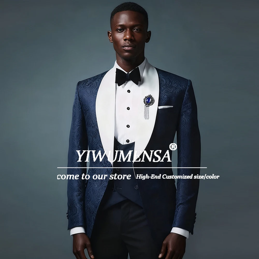 

Elegant Jacquard Suits Men For Wedding 3 Pieces Sets Groom Tuxedos Customized Shawl Lapel Prom Blazers Male Fashion Party Dress