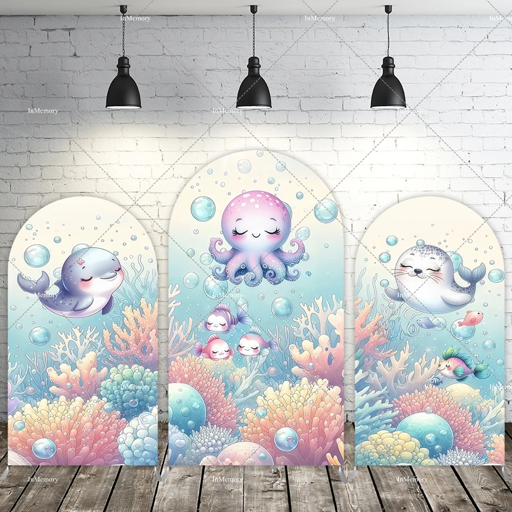 Under the Sea World Arch Backdrop Cover Cute Octopus Dolphin Sea Lion Kids Birthday Party Decor Coral Fish Bubble Background