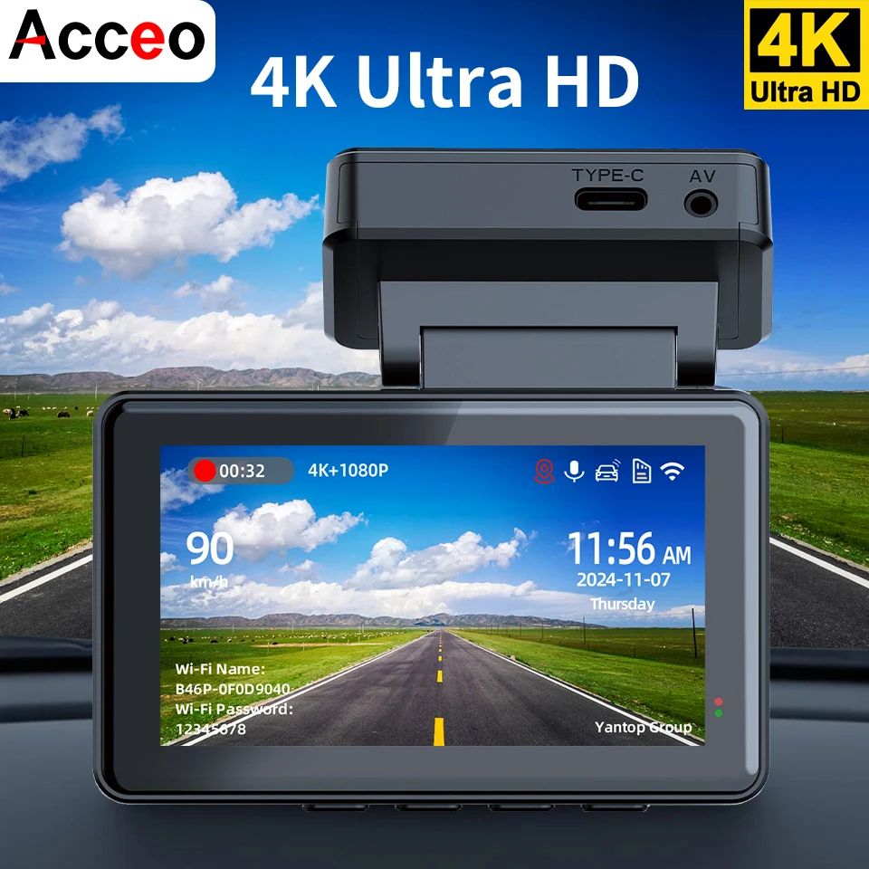 Câmera Veicular Acceo 4K Mini DVR com Suporte para Câmera Traseira 1080P, Visão Noturna, WiFi e Monitoramento de Estacionamento 24H - Gravador Veicular com Câmera Dupla