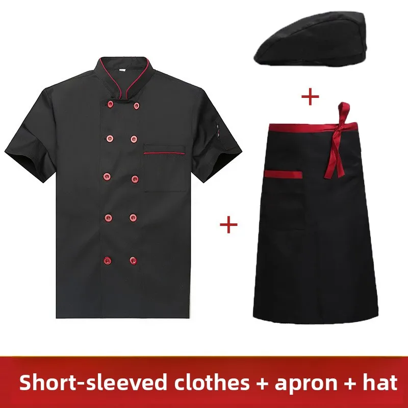 Uniforme de Chef de verano para hombre, conjunto de 3 uds., sombrero de manga corta, delantal, transpirable, Color sólido, ropa de trabajo de cocina para restaurante